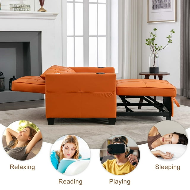 Onbeam Convertible Sleeper Sofa Chair, Futon Chair Bed with USB Ports and Cup Holders for Living Room - Orange