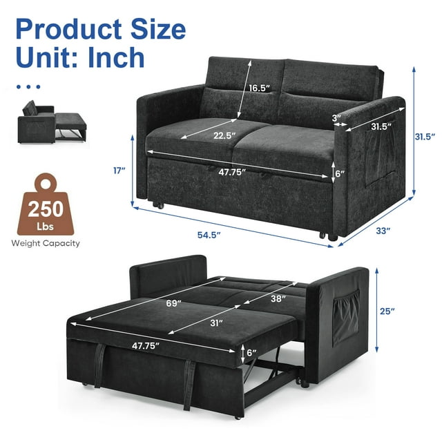 Onbeam 54.5" Pull Out Sofa Bed, Convertible Sleeper Loveseat with 2 Pockets, Modern Chenille Futon, Space-Saving - Black