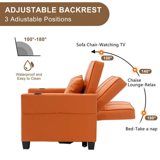 Onbeam Convertible Sleeper Sofa Chair, Futon Chair Bed with USB Ports and Cup Holders for Living Room - Orange