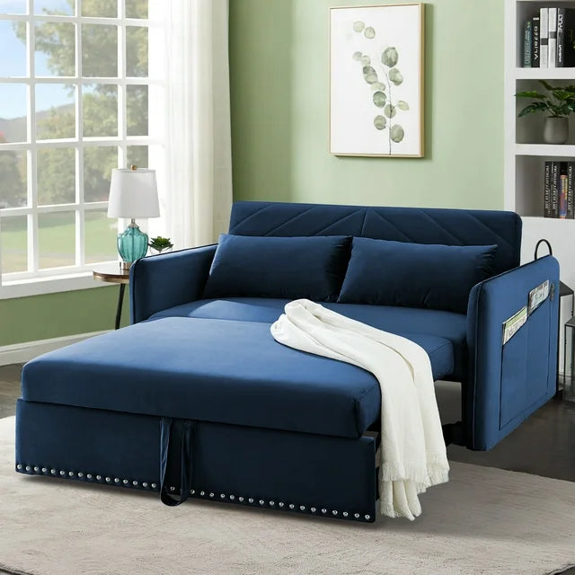 Onbeam3 in 1 Convertible Sofa Bed, 55" Velvet Loveseat Sleeper with 2 Pillows & USB Port, Blue