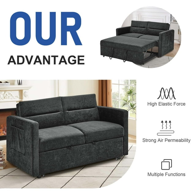 Onbeam 54.5" Pull Out Sofa Bed, Convertible Sleeper Loveseat with 2 Pockets, Modern Chenille Futon, Space-Saving - Black