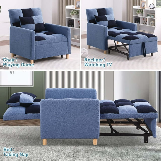 Onbeam Convertible Sleeper Chair Bed, Patchwork Pull Out Sofa Chair with Adjustable Backrest, Teddy Fabric - Blue/Navy