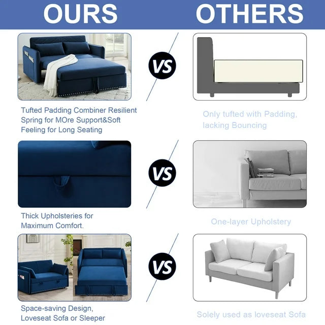 Onbeam3 in 1 Convertible Sofa Bed, 55" Velvet Loveseat Sleeper with 2 Pillows & USB Port, Blue