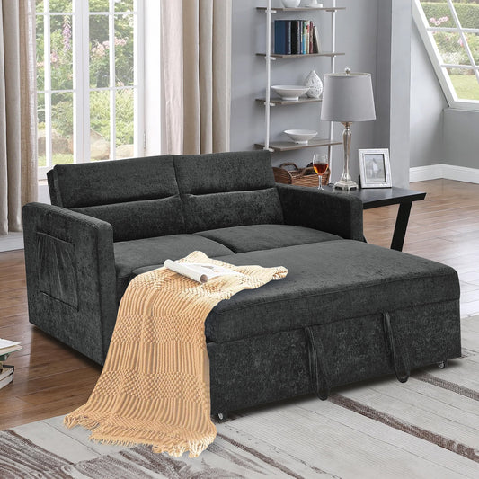 Onbeam 54.5" Pull Out Sofa Bed, Convertible Sleeper Loveseat with 2 Pockets, Modern Chenille Futon, Space-Saving - Black