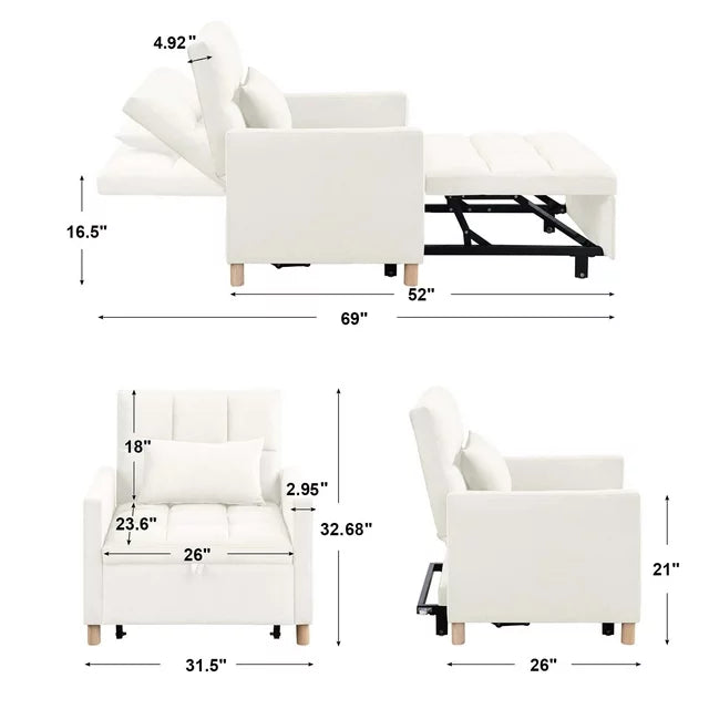 Onbeam Convertible Sleeper Chair Bed, Futon Chair, Adjustable Angle Backrest Chaise for Adults - White