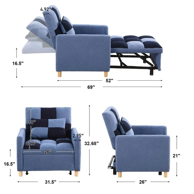 Onbeam Convertible Sleeper Chair Bed, Patchwork Pull Out Sofa Chair with Adjustable Backrest, Teddy Fabric - Blue/Navy