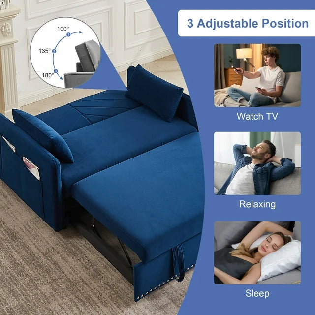 Onbeam3 in 1 Convertible Sofa Bed, 55" Velvet Loveseat Sleeper with 2 Pillows & USB Port, Blue