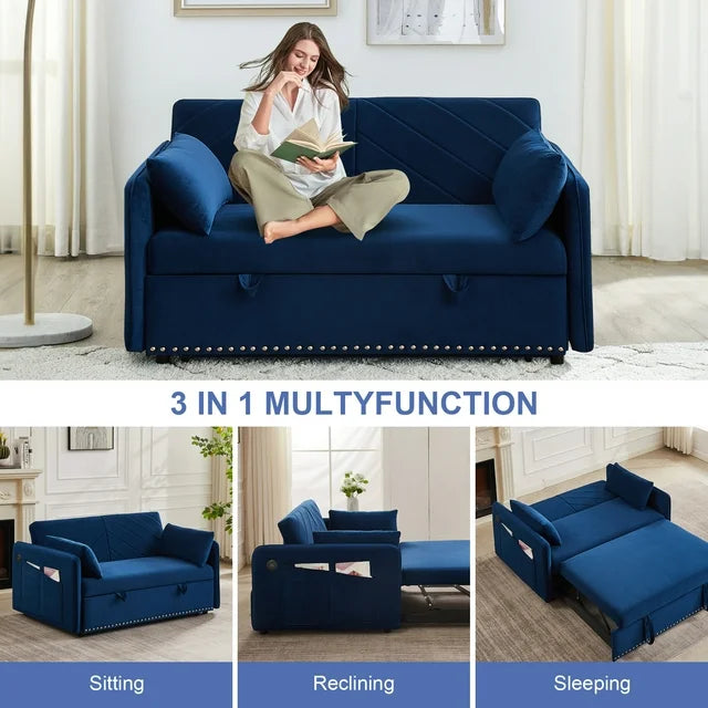 Onbeam3 in 1 Convertible Sofa Bed, 55" Velvet Loveseat Sleeper with 2 Pillows & USB Port, Blue