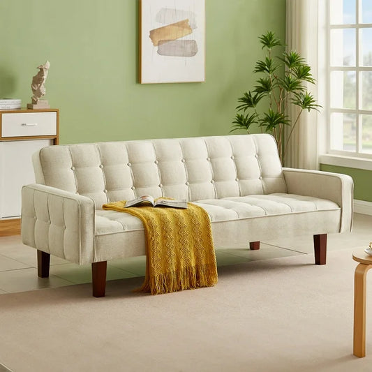 Onbeam 74" Square Arm Futon Convertible Sofa Bed for Home Office, Button-Tufted Back, Beige