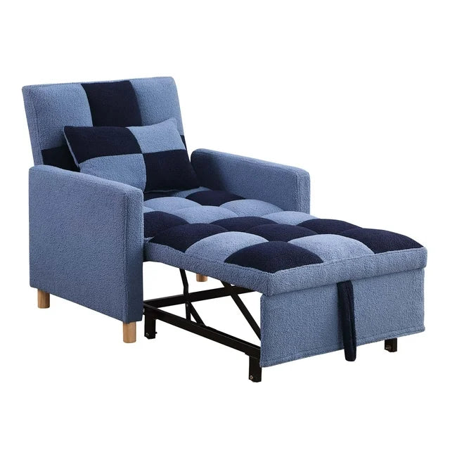 Onbeam Convertible Sleeper Chair Bed, Patchwork Pull Out Sofa Chair with Adjustable Backrest, Teddy Fabric - Blue/Navy