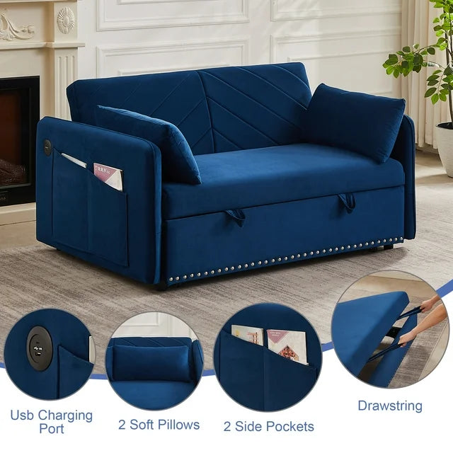 Onbeam3 in 1 Convertible Sofa Bed, 55" Velvet Loveseat Sleeper with 2 Pillows & USB Port, Blue