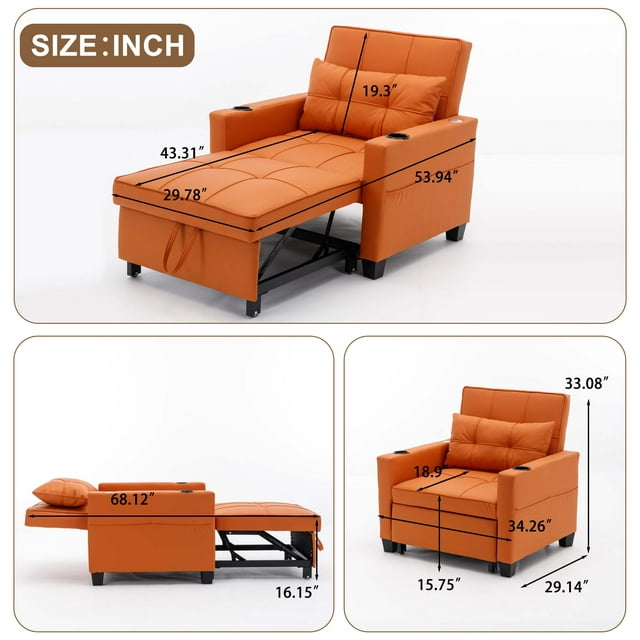 Onbeam Convertible Sleeper Sofa Chair, Futon Chair Bed with USB Ports and Cup Holders for Living Room - Orange