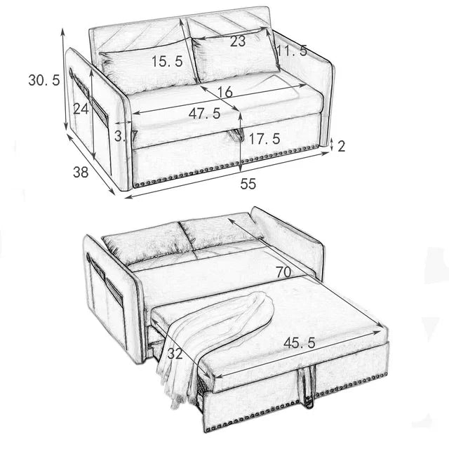 Onbeam3 in 1 Convertible Sofa Bed, 55" Velvet Loveseat Sleeper with 2 Pillows & USB Port, Blue