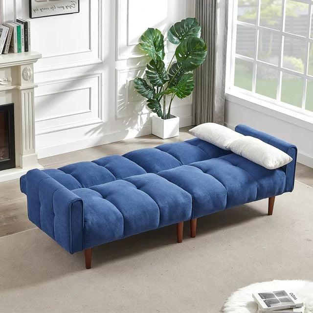 Onbeam Futon Convertible Sofa Bed, 81" 3 Seater Couch for Living Room, 8 Solid Wood Legs, Linen, Blue