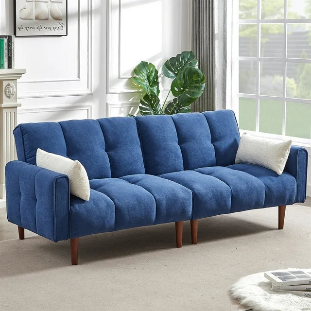 Onbeam Futon Convertible Sofa Bed, 81" 3 Seater Couch for Living Room, 8 Solid Wood Legs, Linen, Blue