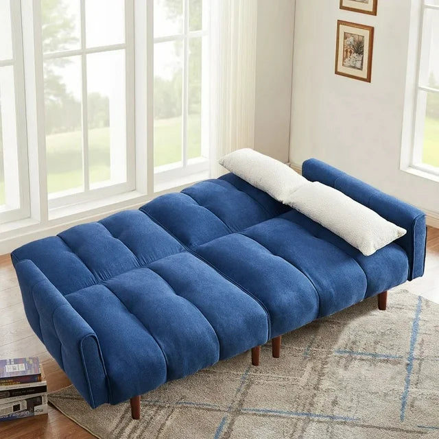 Onbeam Futon Convertible Sofa Bed, 81" 3 Seater Couch for Living Room, 8 Solid Wood Legs, Linen, Blue