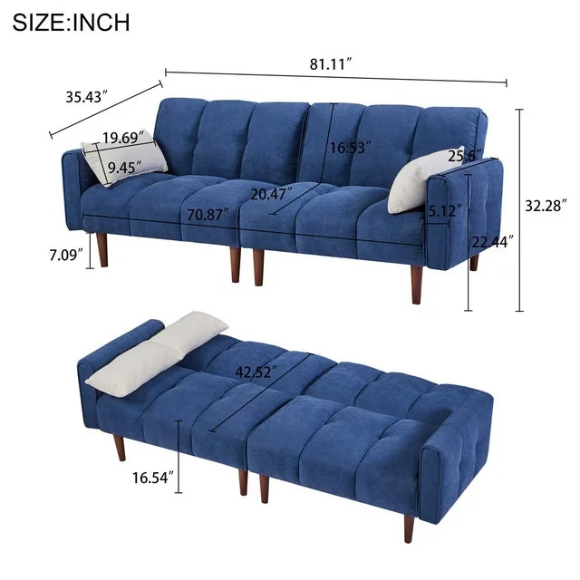 Onbeam Futon Convertible Sofa Bed, 81" 3 Seater Couch for Living Room, 8 Solid Wood Legs, Linen, Blue