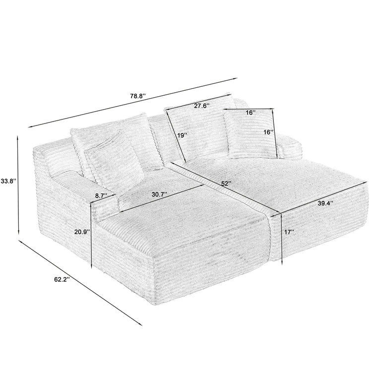 Onbeam 79" Double Chaise Sleeper Sofa - Corduroy Memory Foam Couch for Adults, Living Room & Bedroom,White