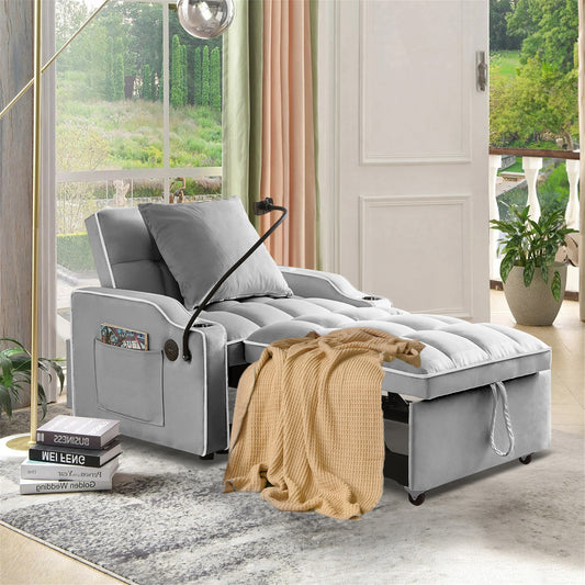 Onbeam Sleeper Chair Bed, Convertible Pull Out Sofa Bed with USB Port, Cup Holders and Swivel Phone Holder, Gray