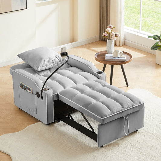 Onbeam Sleeper Chair Bed, Convertible Pull Out Sofa Bed with USB Port, Cup Holders and Swivel Phone Holder, Gray