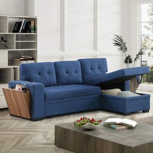 Onbeam 92" Sofa Bed, Couch with Side USB &Cupholder Console for Living Room, Pull Out Sleeper Sofa, Linen, Blue