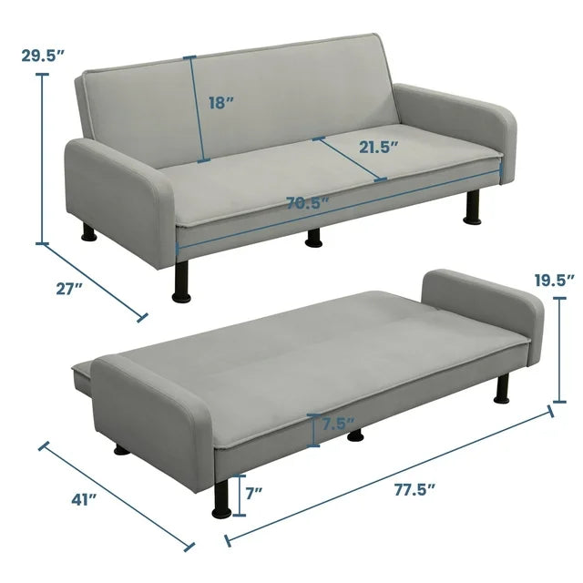 Onbeam 78" Convertible Futon Sofa Bed, Upholstered Arm Couch for Home Office, Flannel, Gray