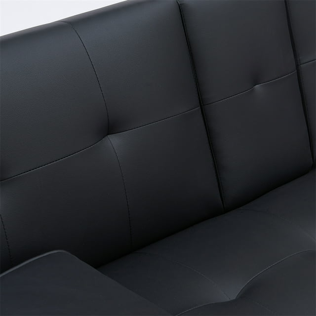 Onbeam Leather Futon Convertible Sofa Bed, Loveseat Couch for Home Office, 2 Cup Holders, Black