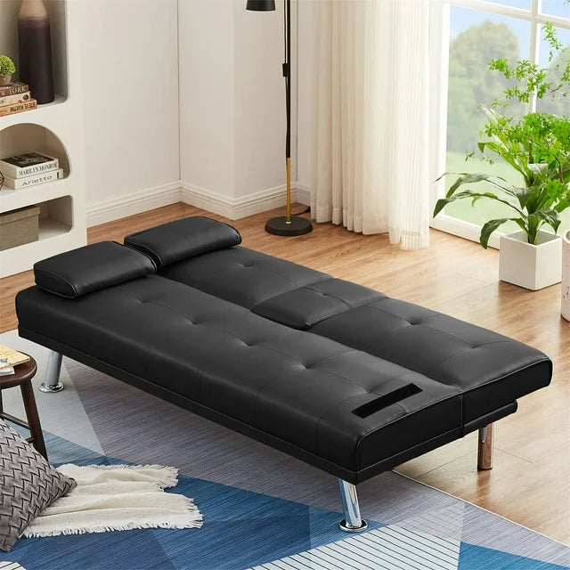 Onbeam Leather Futon Convertible Sofa Bed, Loveseat Couch for Home Office, 2 Cup Holders, Black