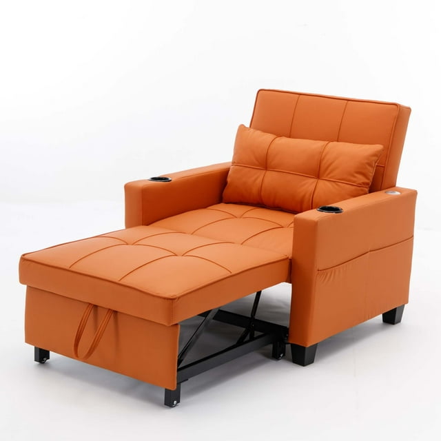 Onbeam Convertible Sleeper Sofa Chair, Futon Chair Bed with USB Ports and Cup Holders for Living Room - Orange