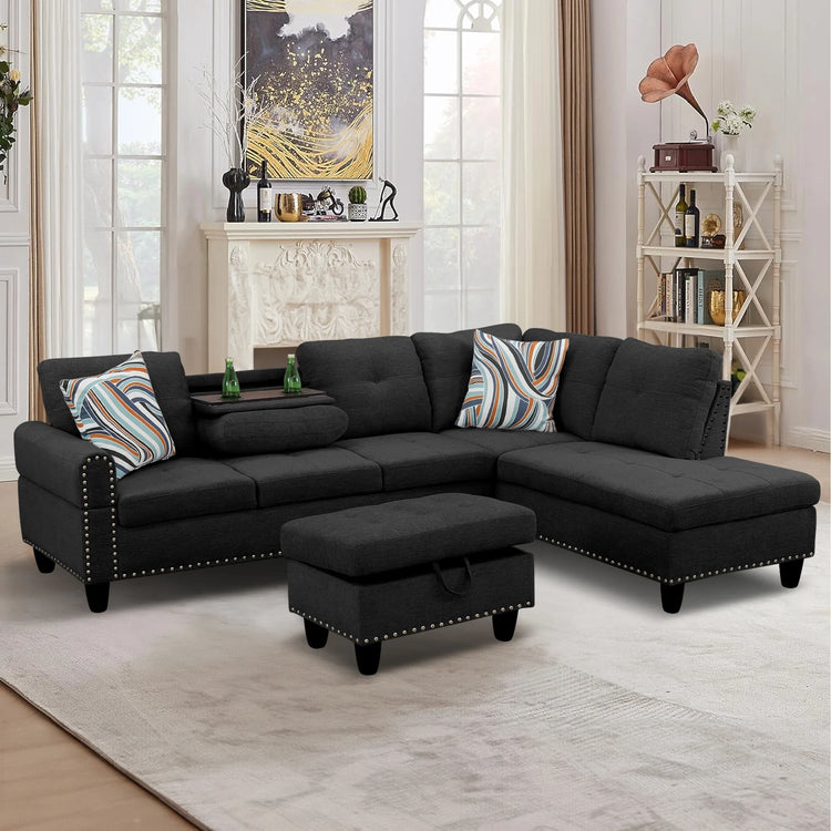 Onbeam Sectional Sofa, Living Room Couch with Storage Ottoman, Cup Holder, Dark Gray