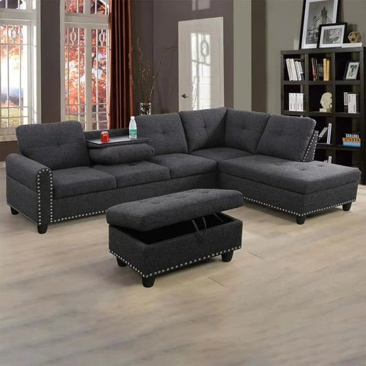 Onbeam Sectional Sofa, Living Room Couch with Storage Ottoman, Cup Holder, Dark Gray