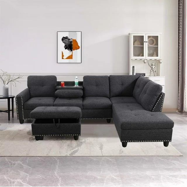 Onbeam Sectional Sofa, Living Room Couch with Storage Ottoman, Cup Holder, Dark Gray