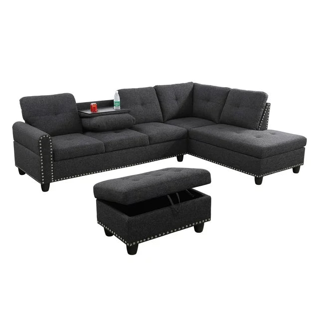 Onbeam Sectional Sofa, Living Room Couch with Storage Ottoman, Cup Holder, Dark Gray