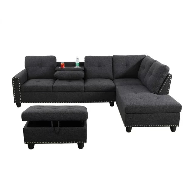 Onbeam Sectional Sofa, Living Room Couch with Storage Ottoman, Cup Holder, Dark Gray