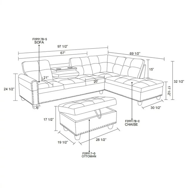 Onbeam Sectional Sofa, Living Room Couch with Storage Ottoman, Cup Holder, Dark Gray