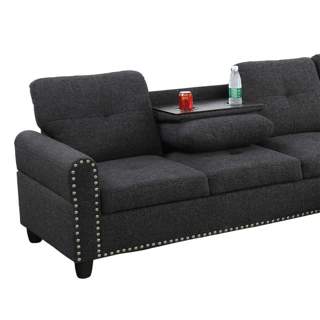 Onbeam Sectional Sofa, Living Room Couch with Storage Ottoman, Cup Holder, Dark Gray