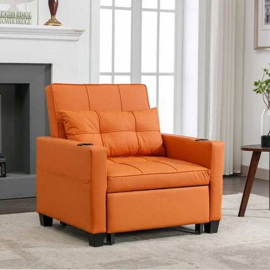 Onbeam Convertible Sleeper Sofa Chair, Futon Chair Bed with USB Ports and Cup Holders for Living Room - Orange