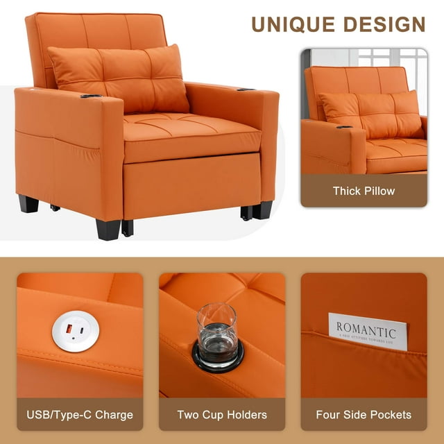 Onbeam Convertible Sleeper Sofa Chair, Futon Chair Bed with USB Ports and Cup Holders for Living Room - Orange