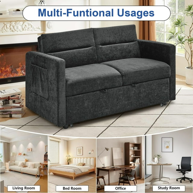 Onbeam 54.5" Pull Out Sofa Bed, Convertible Sleeper Loveseat with 2 Pockets, Modern Chenille Futon, Space-Saving - Black