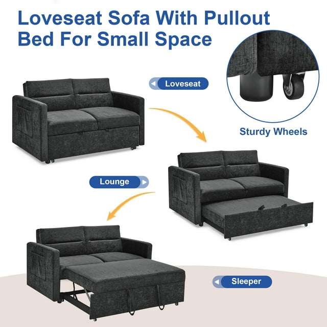 Onbeam 54.5" Pull Out Sofa Bed, Convertible Sleeper Loveseat with 2 Pockets, Modern Chenille Futon, Space-Saving - Black